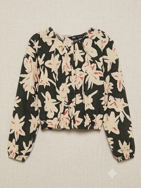 Zara Tops - Zara Floral Long-Sleeve Cropped Blouse